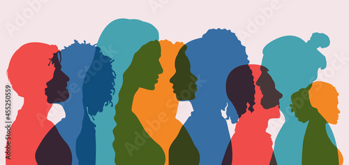 Silhouette group of multiethnic women and man who talk and share ideas and information. Communication and friendship women or girls of diverse cultures. Women social network community. Speak	 photo