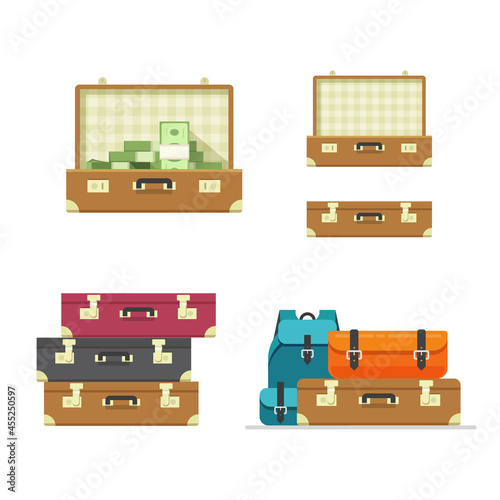 Suitcase old open travel isolated vector set in flat cartoon style illustration, retro leather brown color closed briefcase or case collection as luggage or baggage idea