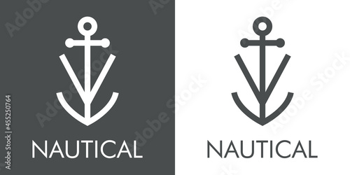 Logotipo con texto Nautical y silueta de ancla de barco con forma de letra inicial V con lineas en fondo gris y fondo blanco