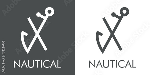 Logotipo con texto Nautical y silueta de ancla de barco con forma de letra inicial X con lineas en fondo gris y fondo blanco