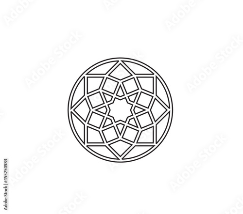 Vector isolated laser cutting round geometrical ornament. Simple contour triangular square star cells geometric ornament.