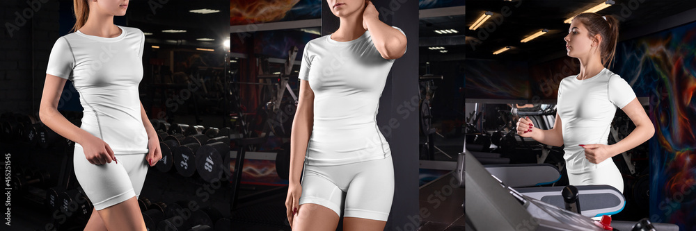 Mockup of a white compression suit on a girl in the gym. Set of T-shirts, shorts Mockup of a white compression suit on a girl in the gym. Set of T-shirts, shorts