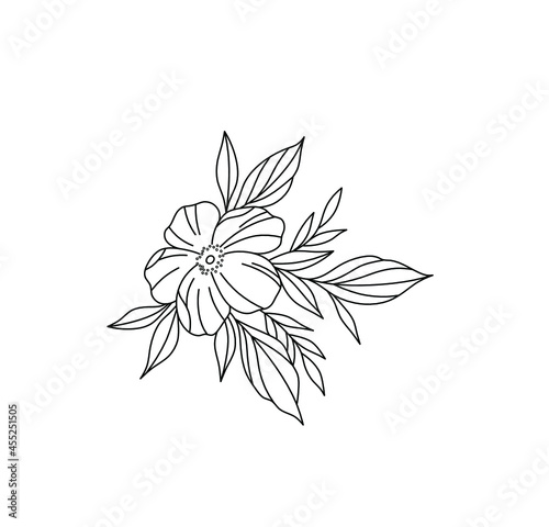 Vector isolated cute flower line drawing. Colorless black and white contour flower blossom graphic outline sketch pattern tattoo element