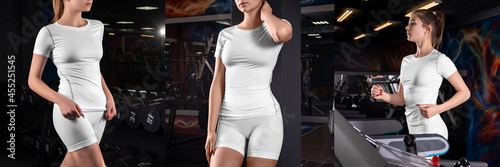 Mockup of a white compression suit on a girl in the gym. Set of T-shirts, shorts © olegphotor