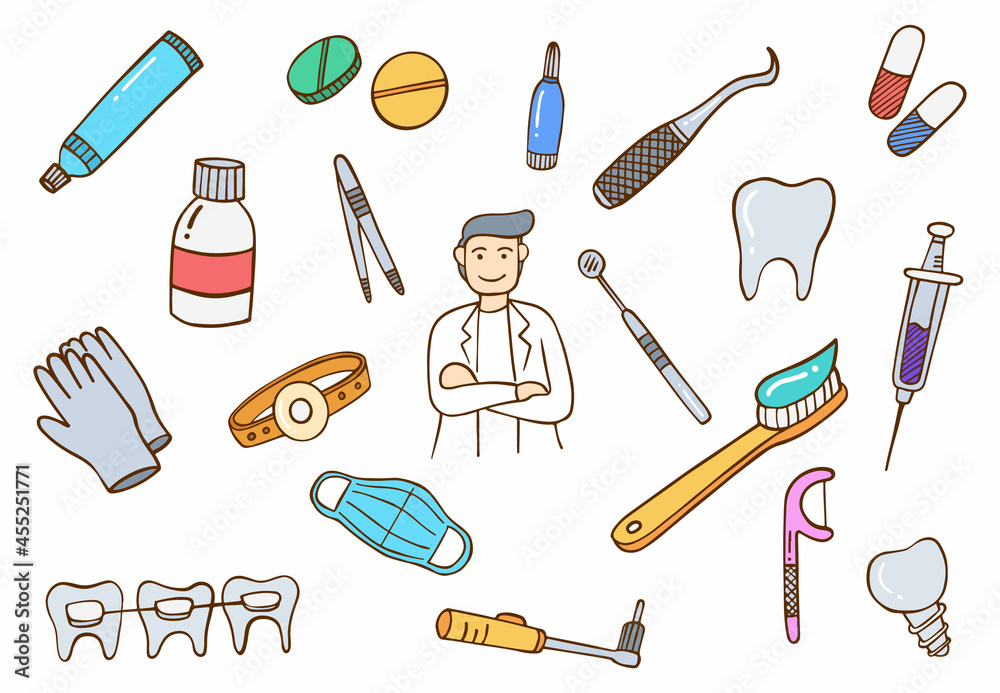 dentist doctor jobs profession concept doodle hand drawn set collections with flat outline style