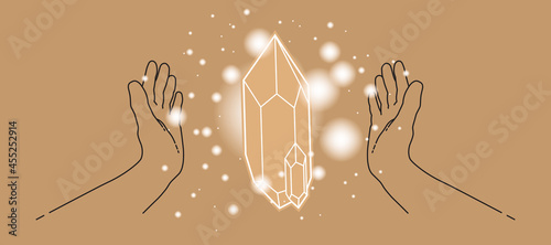 Healing stones, crystals in human hands. Alternative medicine concept. Vector illustration, gold background