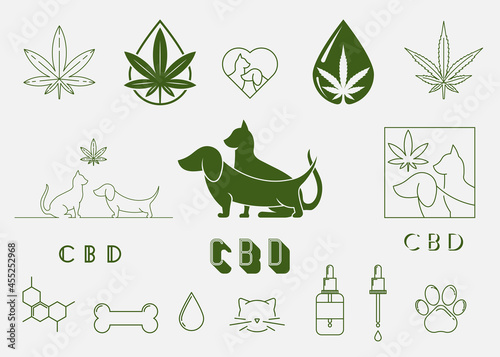 CBD oil for animals, icon set. Dog, cat, leaf design elements. Vector illustration, EPS 10
