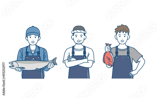 漁師　漁業　男性　水揚げ　鮭　収穫　イラスト素材