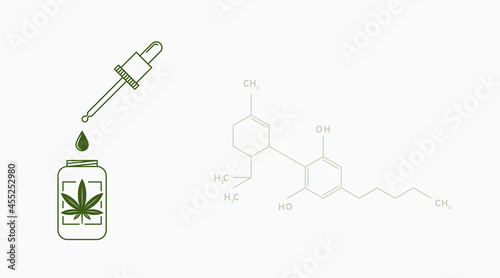 CBD oil background with chemistry formula dropper and bottle. Vector illustration, EPS 10