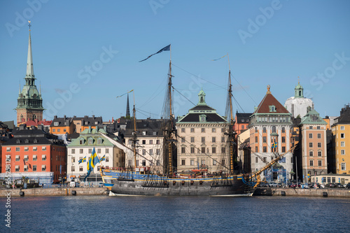 Panorama view over the inner harbor of Stockholm with the old sailing replica of the Swedish East Indiaman Götheborg