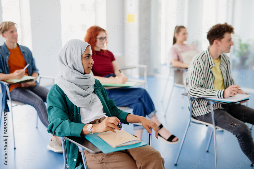 Portrait of multiethnic group of university students sitting in classroom indoors, studying.