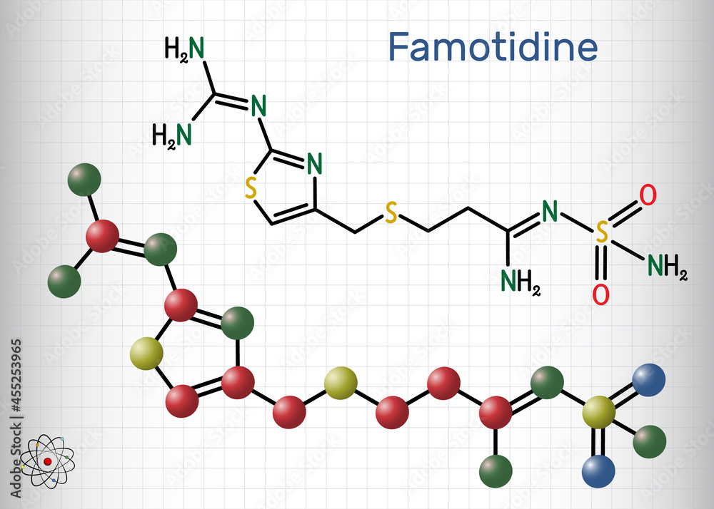 Famotidine, molecule. It is used for treatment of peptic ulcer disease, heartburn, gastroesophageal reflux disease. Structural chemical formula and molecule model. Sheet of paper in a cage Famotidine, molecule. It is used for treatment of peptic ulcer disease, heartburn, gastroesophageal reflux disease. Structural chemical formula and molecule model. Sheet of paper in a cage