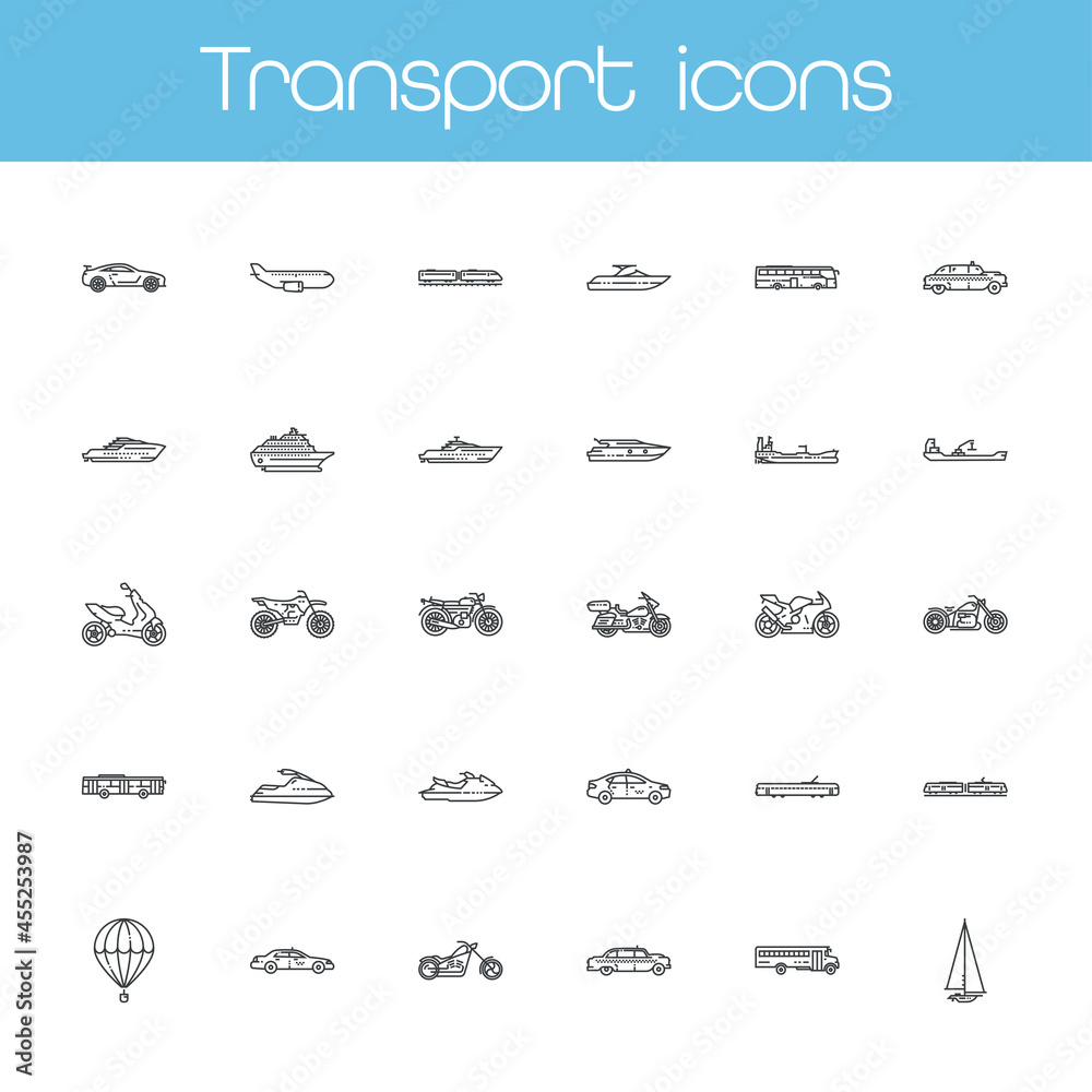 Set of vehicle line style icons isolated on transparent background