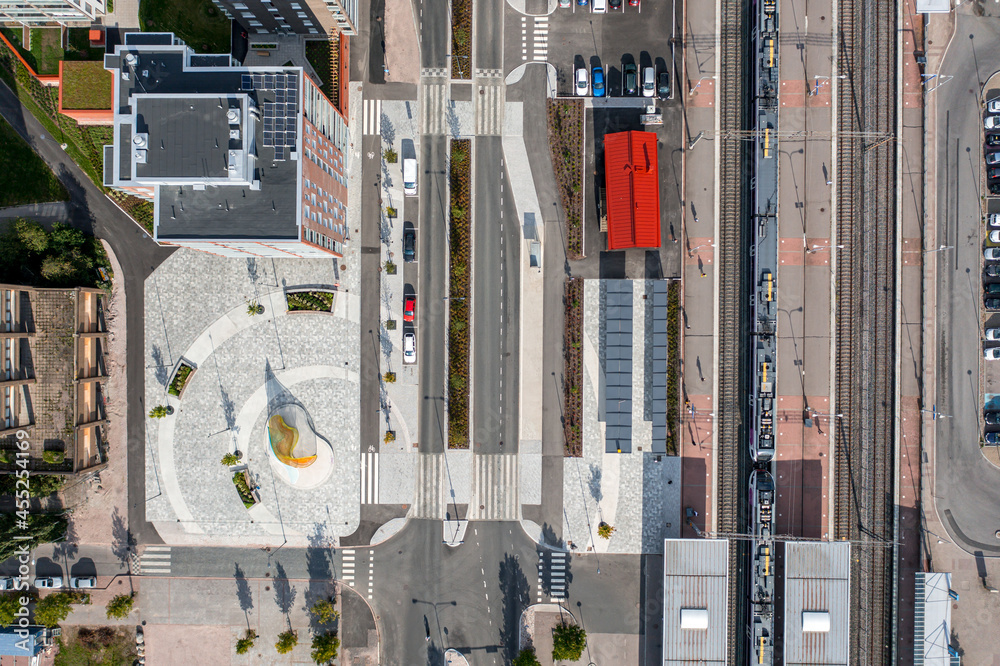 Aerial view of the brand new square and apartments buildings in Espoo city, Finland. The redevelopment of the city center. Espoo Center railway station.