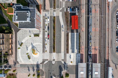 Obraz na płótnie Aerial view of the brand new square and apartments buildings in Espoo city, Finland. The redevelopment of the city center. Espoo Center railway station. w salonie