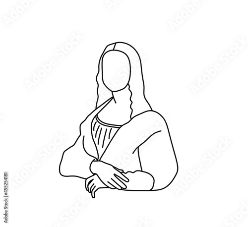Vector isolated contour drawing famous woman painting leonardo. Colorless contour line mona woman drawing photo