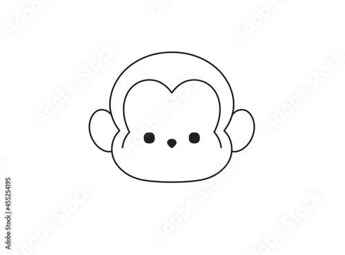 Vector isolated cute cartoon tiny monkey head muzzle drawing. Colorless contour monkey head doodle sketch icon logotype.