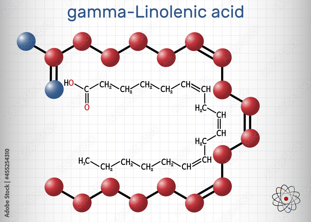 Gamma-Linolenic acid, GLA, gamolenic acid molecule. It is Omega 6