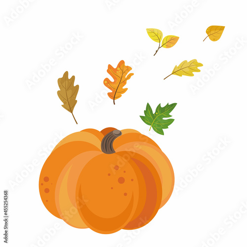Autumn vector composition with orange pumpkins and colorful  leaves in a flat style isolated  on a white background. Perfect for illustrating the fall and harvest season, stickers, Halloween