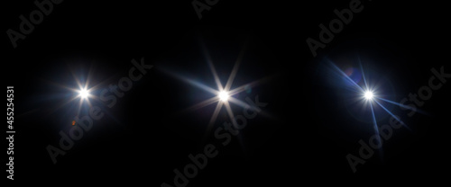 Easy to add lens flare effects for overlay designs or screen blending mode to make high-quality images. Set of abstract sun burst  digital flare  iridescent glare over black background.