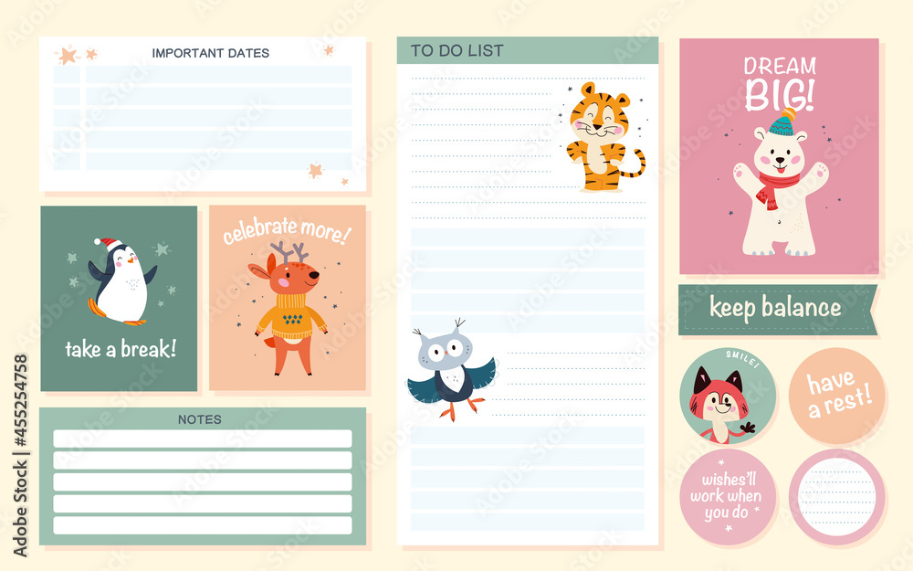 Set of daily calendar planner page, to do list, motivation card, stickers design template for children. Cute hand drawn bear, deer, owl character. Flat lay. Back to school. Vector illustration.