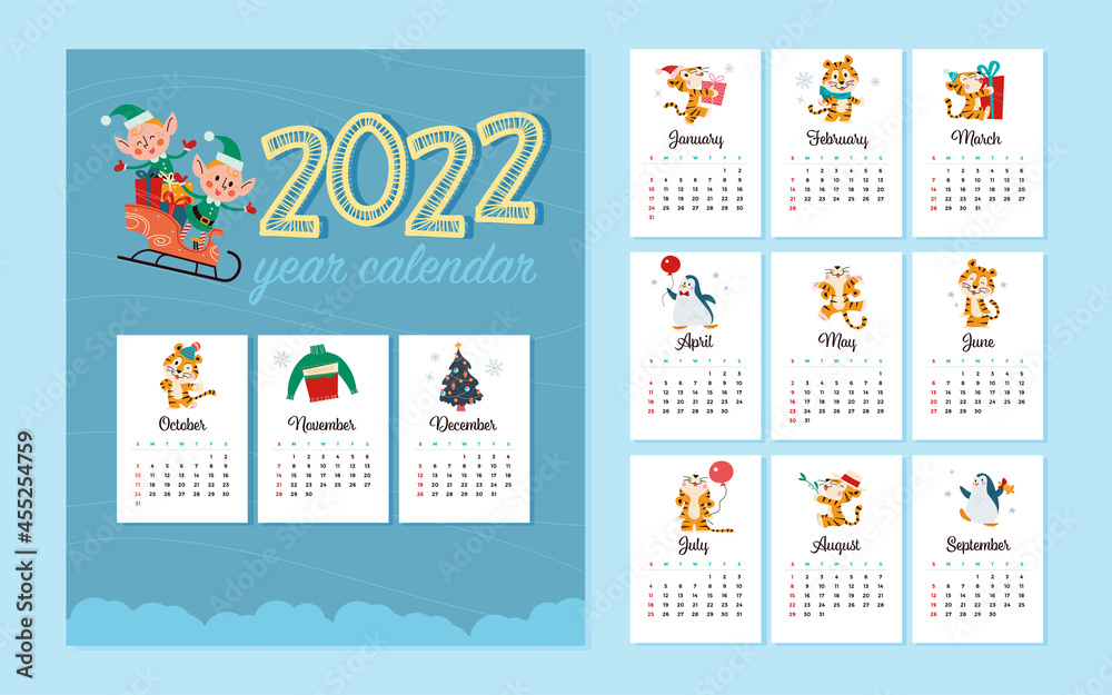 2022 new year creative monthly calendar for kids with cute funny tigers  animals, penguins, elf characters design template. Vector flat simple  illustration. Stock Vector | Adobe Stock