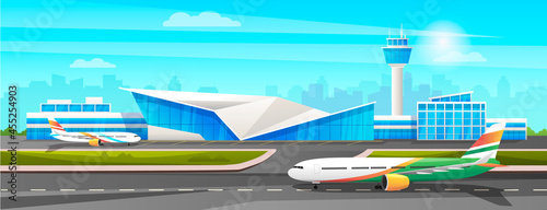 Modern international airport building with airplanes, terminal, runway and gate. Panoramic aerodrome landscape. Urban architecture with clouds and sky in the background. Vector graphic illustration