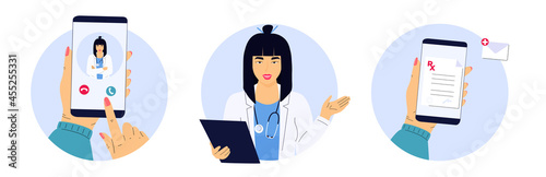 The patient makes a video call to the Asian doctor on the smartphone. Woman medical worker with a stethoscope holds clipboard. Remote appointment. Telemedicine concept. Prescription online