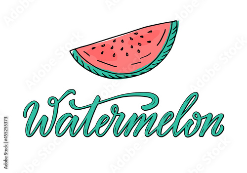 Vector illustration of watermelon handwritten text for banner, poster, menu, signage, advertisement, card, package design. Creative lettering for web design or print
