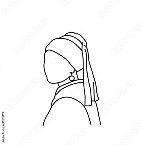 Vector isolated famous painting line silhouette the woman with the earring. Famous piece of art painting fine art