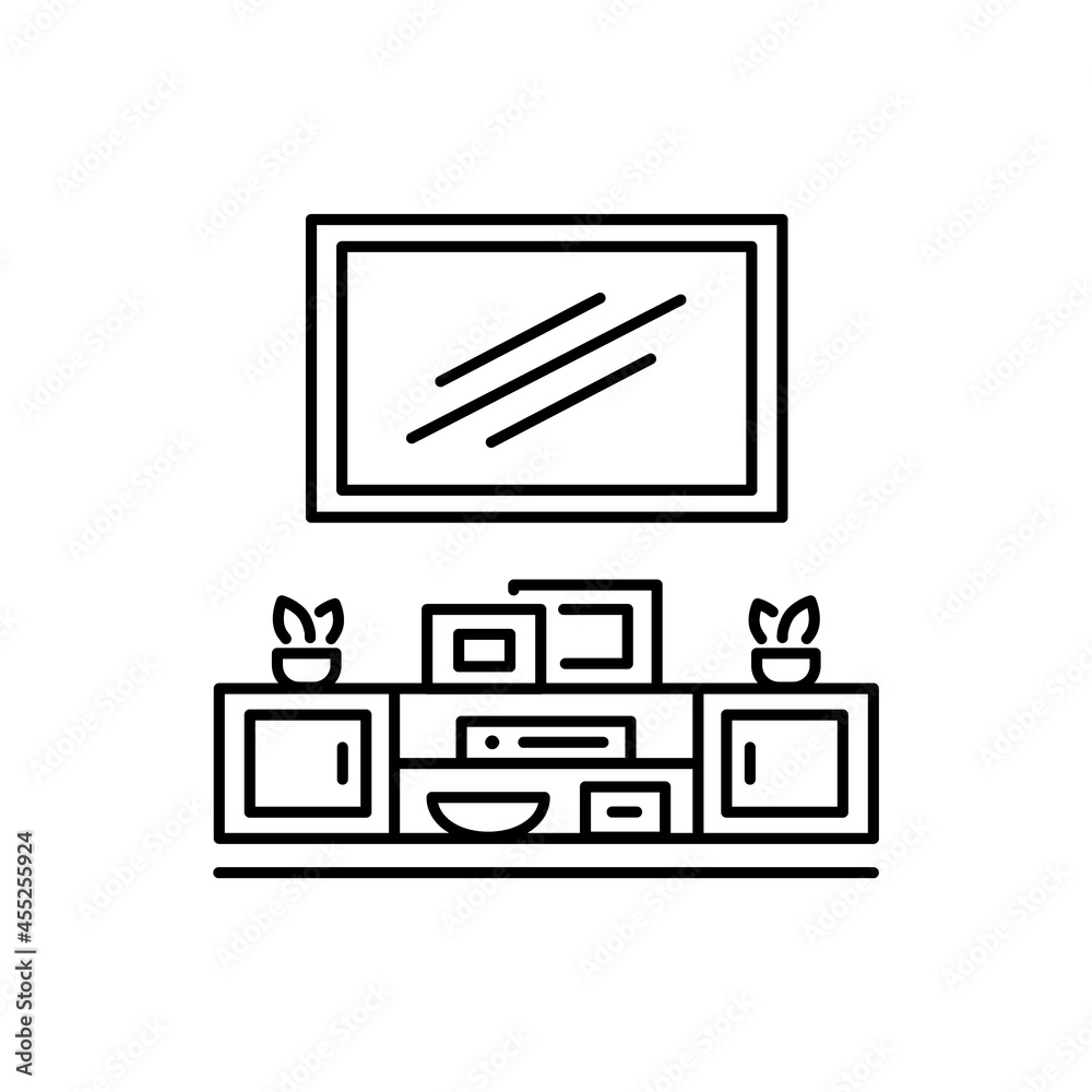 Wall mounted floating TV stand. Vector illustration of modern media console. Line icon of led television table with shelves. Symbol of living room furniture. Isolated object