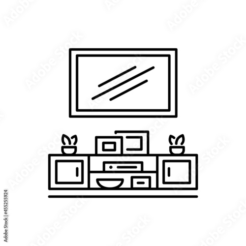 Wall mounted floating TV stand. Vector illustration of modern media console. Line icon of led television table with shelves. Symbol of living room furniture. Isolated object