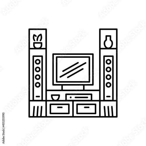 TV stand with audio towers. Entertainment center. Vector illustration. Modern media console. Line icon of led, flat screen television table. Living room furniture. Isolated object