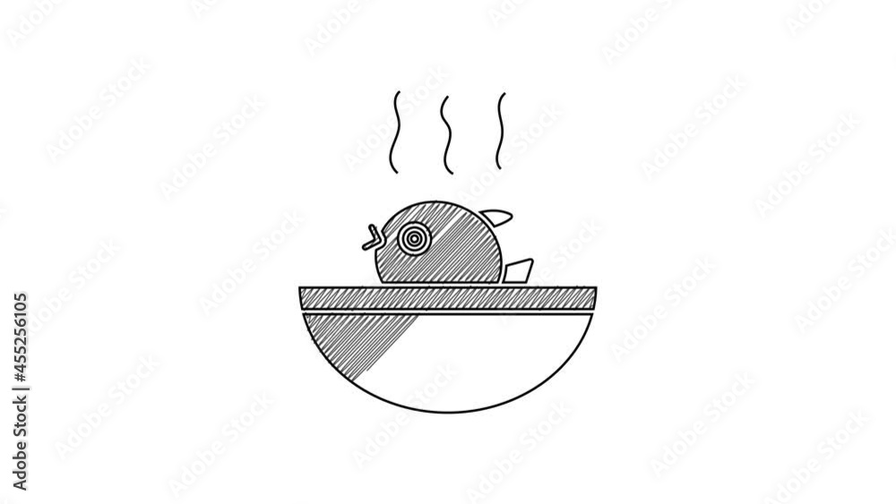 Black line Puffer fish soup icon isolated on white background. Fugu fish japanese puffer fish. 4K Video motion graphic animation Black line Puffer fish soup icon isolated on white background. Fugu fish japanese puffer fish. 4K Video motion graphic animation