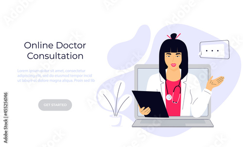 Asian Woman doctor consults online by video call on laptop. Telemedicine concept. Chat with a medical worker. Web page template.