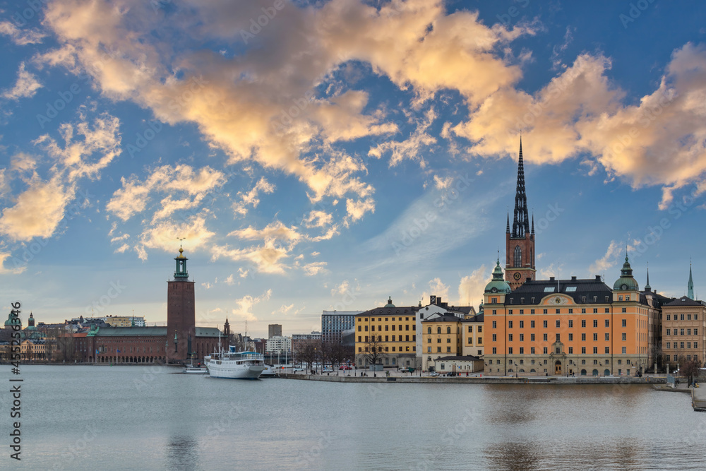 Stockholm Sweden, sunrise city skyline at Stockholm City Hall and Gamla Stan
