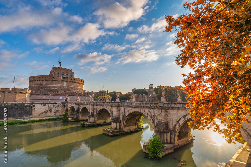 Rome Vatican, city skyline at Tiber River and Castel Sant'Angelo with autumn foliage season