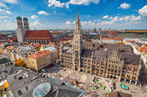 Munich Germany, high angle view city skyline at Marienplatz new Town Hall Squarewith autumn foliage season photo