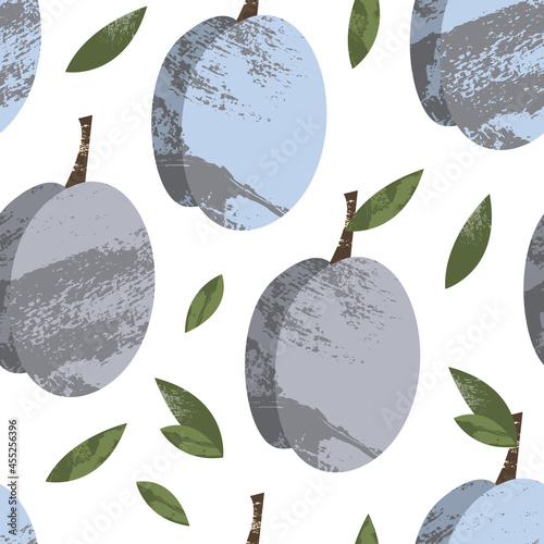 Seamless pattern with cute plum. Fruit background. Cherry-plum. Vector flat cartoon illustration, perfect for kids textile, fabric, wrapping paper