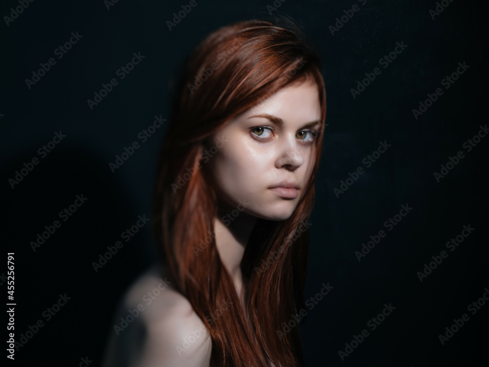 woman with bare shoulders clear skin fashion posing dark background woman with bare shoulders clear skin fashion posing dark background
