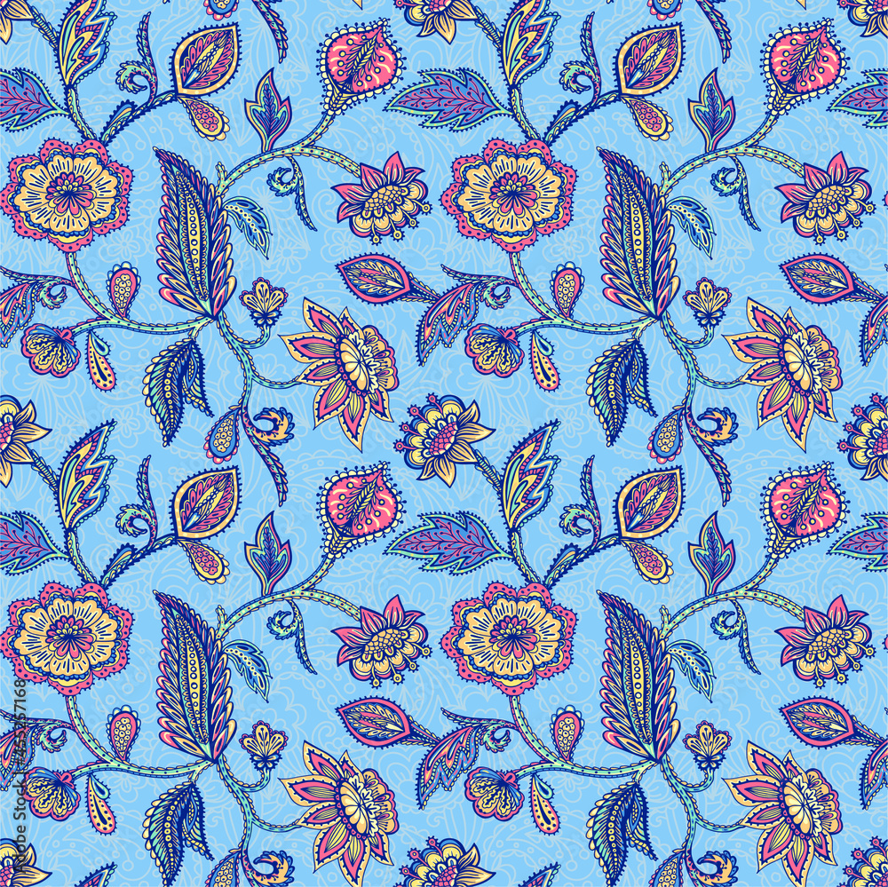 Naklejka premium Vector seamless background with ornament from various decorative stylized flowers and plants. Stylized botanical pattern. Lace pattern in Indian and Persian style. Blank for design and printing