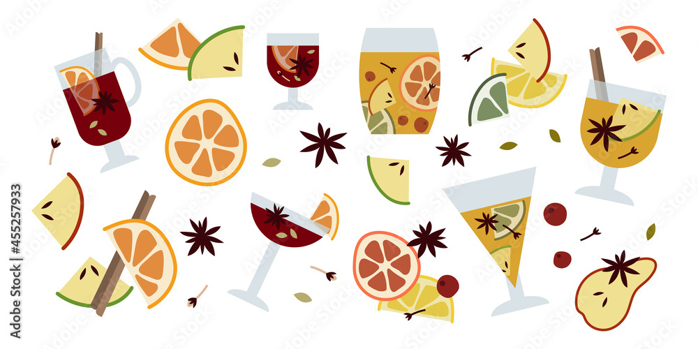 Christmas mulled wine with citrus fruit, apple, cinnamon, clove, cardamom and anise. Winter hot drink in glass. Sangria, apple cider. Traditional xmas beverage. Vector illustration, flat cartoon style