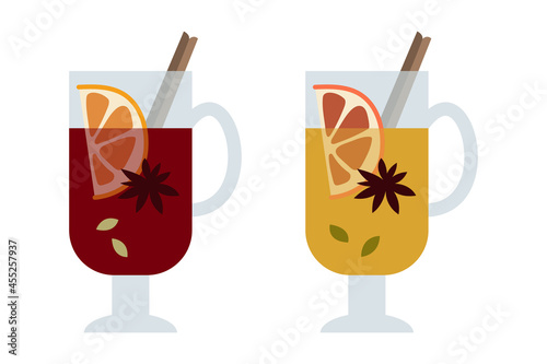 Christmas mulled wine with citrus fruit, apple, cinnamon, clove, cardamom and anise. Winter hot drink in glass. Sangria, apple cider. Traditional xmas beverage. Vector illustration, flat cartoon style