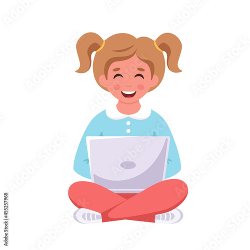 Girl sitting with laptop. Online learning, back to school concept. Vector illustration