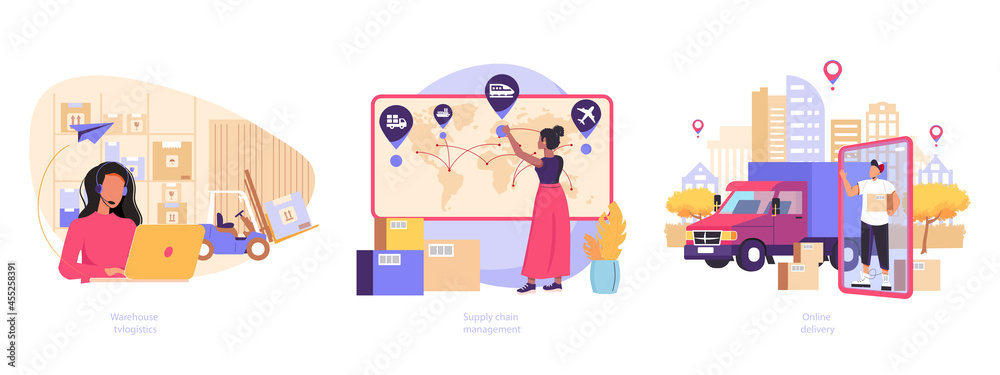 Logistics technologies abstract concept vector illustration set.  Logistics hub, Supply chain management, transit warehouse, export control, business transportation, goods transfer. Online delivery.