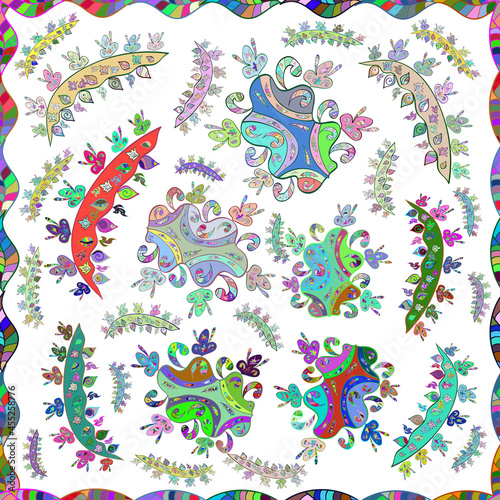 Seamless pattern with interesting doodles on colorfil background. Raster illustration.