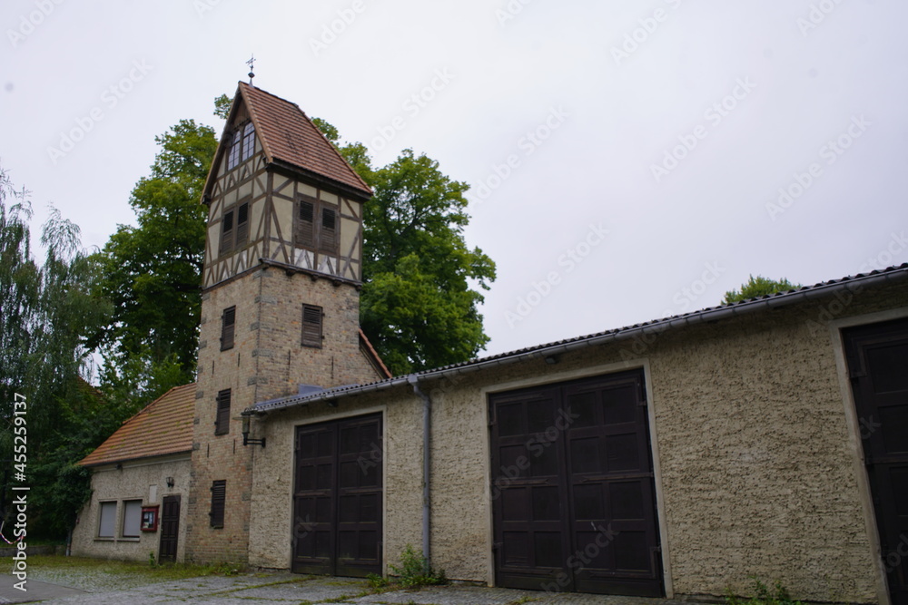 
The hose tower of the former Mirow fire station in Mirow (Mecklenburg-Western Pomerania), Am Wallgraben on the castle island next to the tool shed, dates from 1926.