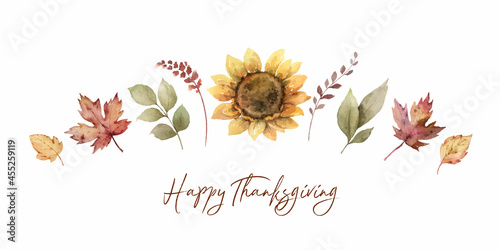 Watercolor vector autumn banner with sunflower, leaves and branches.