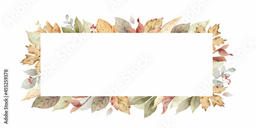 Watercolor vector autumn frame with leaves and branches.