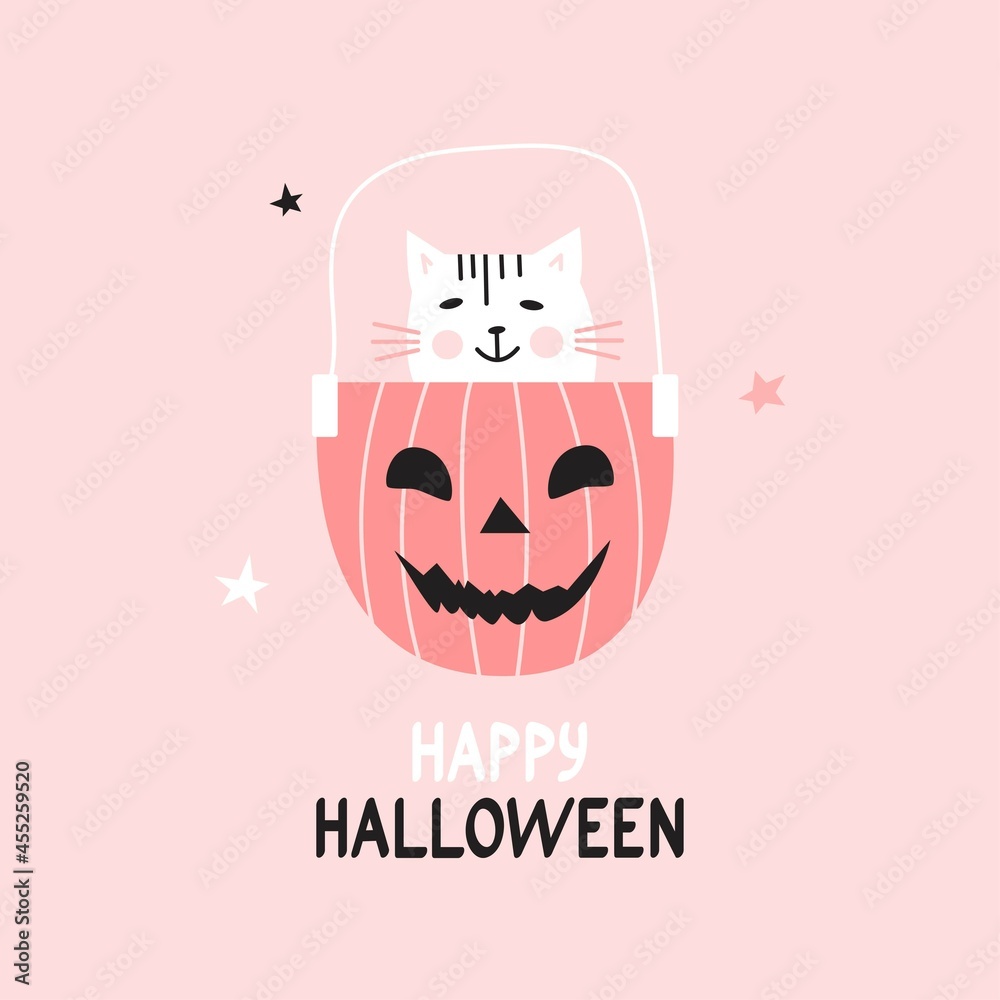 Vector funny happy Halloween card with cute white cat sitting in a pumpkin.